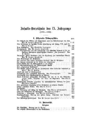 Inhalts-Verzeichnis des IX. Jahrgang