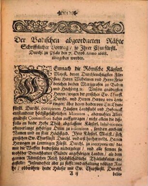 Summarische Relation, Was bey der von Ihrer Käyserl. Majest. beyder Herren Marggrafen zu Baden Baden vnd Baden Durlach Fürstl. Fürstl. Durchl. Durchl. ertheilten Commission, die zwischen Ihrer Churfl. Durchl. zu Pfaltz, vnd des Hertzogs von Lottringen Fürstl. Durchl. ohnlängst wegen Hoheneck vnd Landstuhl entstandene Strittigkeiten betreffend, hinc inde vorgangen vnd verhandelt worden