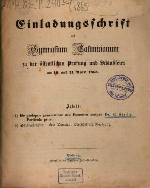 Einladungsschrift des Gymnasium Casimirianum zu Coburg zur Schlußfeier. 1865