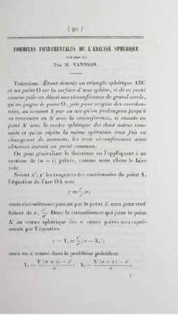 Formules fondamentales de l'analyse sphérique.