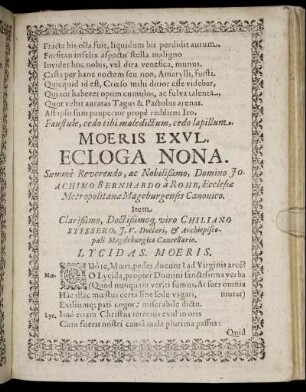 Moeris Exul. Ecloga Nona. Summe Reverendo, ac Nobilißimo, Domino Joachimo Bernhardo a Rohr [...]