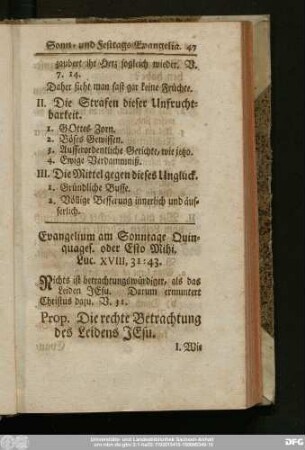 Evangelium am Sonntage Quinquages. oder Esto Mihi. Luc XVIII, 31 - 43.