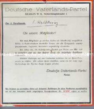 Rundschreiben der Deutschen Vaterlandspartei mit der Aufforderung zur Verteilung von Propagandapostkarten