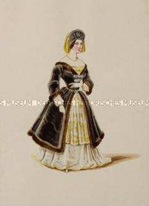 Frau im langen hellen Kleid mit dunkelbraunem kurzen Pelzmantel - Tafel aus Franceschini/Kostümbilder (Kassette 1)