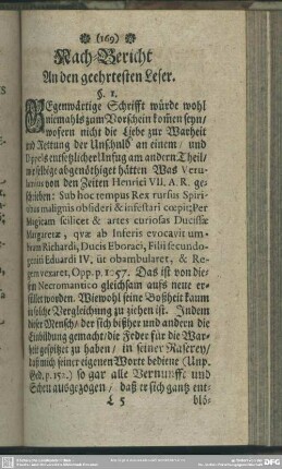 Nach-Bericht An den geehrtesten Leser