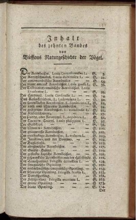Inhalt des zehnten Bandes von Buffons Naturgeschichte der Vögel.