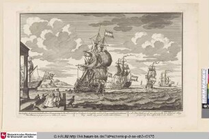 Een Hollands Oorlog Schip van de 2. Rang, voerende de Vice admirals Vlag, maakt zig gereed om ten anker te komen.