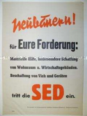 Maueranschlag mit Werbung der SED, gerichtet an Neubauern