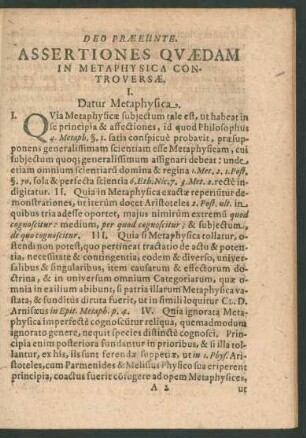 Assertiones Quaedam In Metaphysica Controversae.