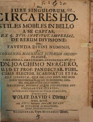 De iure singulorum circa res hostiles mobiles in bello a se captas