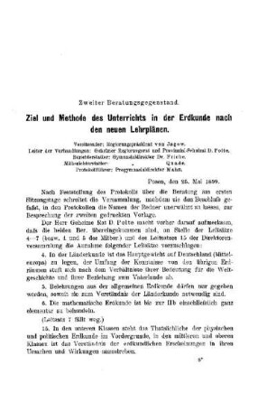 Ziel und Methode des Uunterrichts in der Erdkunde nach den neuen Lehrplänen : [Zweiter Beratungsgegenstand] ; [Protokolle der Verhandlungen]
