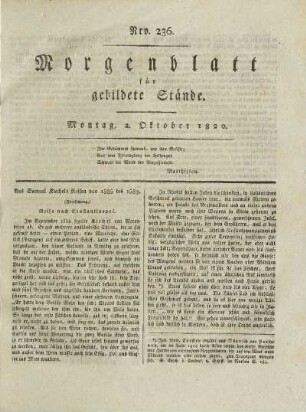 Nro. 236. Montag, 2. Oktober 1820. - Nro. 241. Sonnabend, 7. Oktober 1820.
