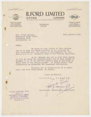 Brief von Ilford Limited an Maggy Salomon