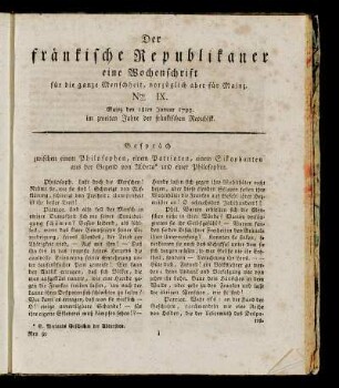 Nro. IX. Mainz den 18ten Januar 1793. im zweiten Jahre der fränkischen Republik.