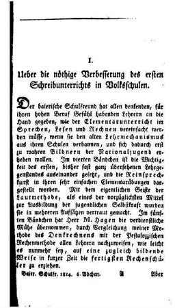 Ueber die nöthige Verbesserung des ersten Schreibunterrichts in Volksschulen