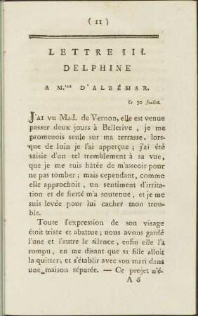 Lettre III. Delphine à Mlle. d’ Albémar, ce 30 Juillet.