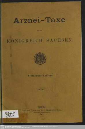 14.1902 [nebst Nachtr.1.1903-3.1905]: Arznei-Taxe für das Königreich Sachsen