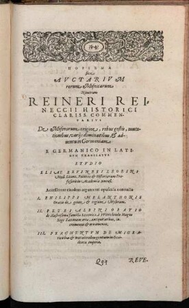 Πορισμα sive Auctarium rerum Misnicarum Nimirum Reineri Reineccii Historici Clariss. Commentarius De Misenorum origine [...]