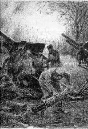 Gefecht an der Westfront: Soldaten beim Nachladen des Geschützes (Granatwerfer)