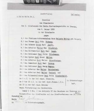 Dokument des 2. Strafsenates des Sächsischen Oberlandesgerichtes zu Dresden vom 2. Januar 1935 in einer Strafsache wegen Hochverrates, unter anderem gegen Paul Blechschmidt aus Bermsgrün : Dokument des 2. Strafsenates des Sächsischen Oberlandesgerichtes zu Dresden vom 2. Januar 1935 in einer Strafsache wegen Hochverrates, unter anderem gegen Paul Blechschmidt aus Bermsgrün