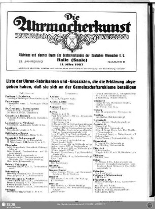 Liste der Uhren-Fabrikanten und -Grossisten, die die Erklärung abgegeben haben, daß sie sich an der Gemeinschaftsreklame beteiligen