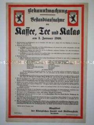 Maueranschlag: Bestandsaufnahme von Kaffee, Tee und Kakao am 3. Januar 1916