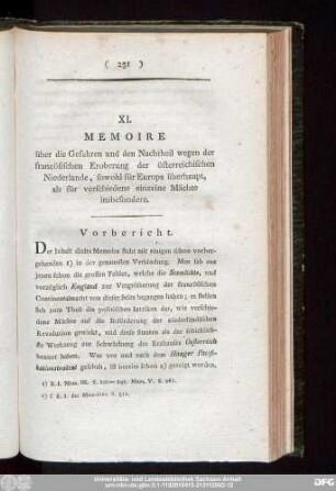 XI. Memoire über die Gefahren und den Nachtheil wegen der französischen Eroberung der österreichischen Niederlande, sowohl für Europa überhaupt, als für verschiedene einzelne Mächte insbesondere.
