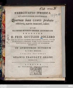 Exercitatio Ivridica Qvaestionem Continens Quaenam bona vxoris probato adulterio, marito innocenti, cedant