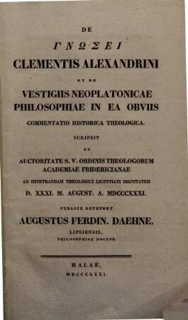 De ...... Clementis Alexandrini et de Vestigiis Neapolitanicae Philosophiae in ea obviis commentatio historica theologica