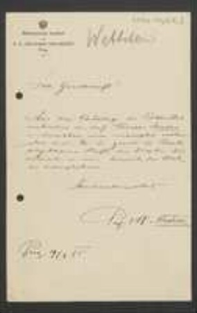 Brief von Richard Wettstein an Regensburgische Botanische Gesellschaft