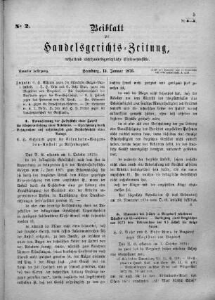 Beiblatt zur hamburgischen Handelsgerichts-Zeitung No. 2. Neunter Jahrgang. Hamburg, 15. Januar 1876.