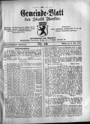 1921,19: Nr. 19, 8. Mai 1921