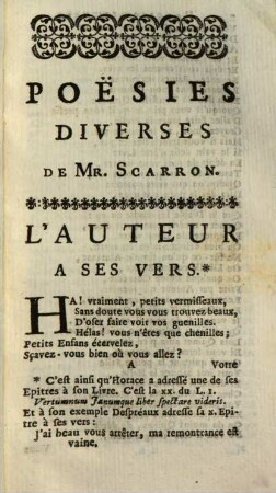 Oeuvres de Monsieur Scarron, 8. Qui contient Les Poesies Diverses