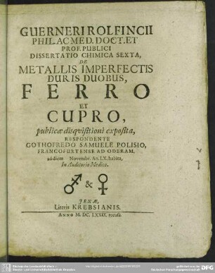 Guerneri Rolfincii ... Dissertatio Chimica ..., De Metallis Imperfectis Duris Duobus, Ferro Et Cupro, Respondente Gothofredo Samuele Polisio