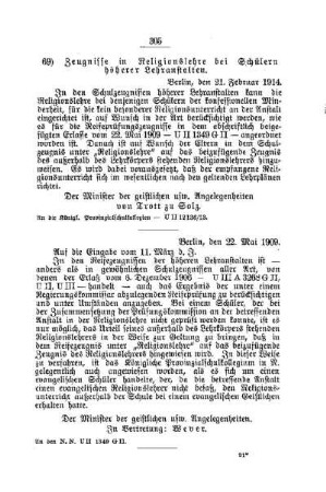 Zeugnisse in Religionslehre bei Schülern höherer Lehranstalten : [C. Allgemeine Angelegenheiten der Unterrichtsanstalten]