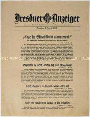 Nachrichtenblatt "Dresdner Anzeiger" u.a. zum Kriegsgeschehen an der Ostfront