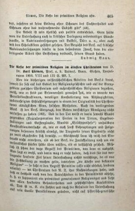 465-468 [Rezension] Clemen, Carl, Die Reste der primitiven Religion im ältesten Christentum