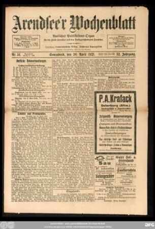 Arendsee'r Wochenblatt, Nr. 51. Sonnabend, den 30. April 1921.