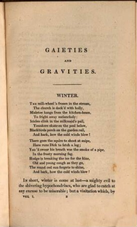 Gaieties and gravities : A series of sketches, comic tales, and fugitive vagaries, 1. (1826). - VIII, 365 S.