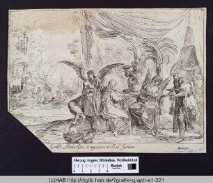 Abraham bewirtet drei Engel.