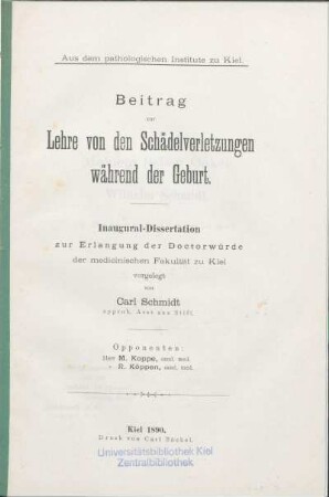 Beitrag zur Lehre von den Schädelverletzungen während der Geburt