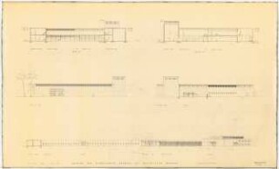 Antikenmuseum, Bagdad - Museum and Directorate General of Antiquities, Baghdad: Ansichten Gesamtanlage South Elevation A-Part (Museum), South Elevation, East Elevation 2 Schnitte A-Part (Museum) Section E-F, 1:200