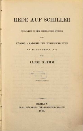 Rede auf Schiller : gehalten in der feierlichen Sitzung der Königl. Akademie der Wissenschaften am 10. November 1859