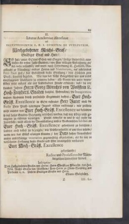 II. Literae Academiae Altorfinae ad Illustrissimum S. R. I. Comitem De Wolfstein