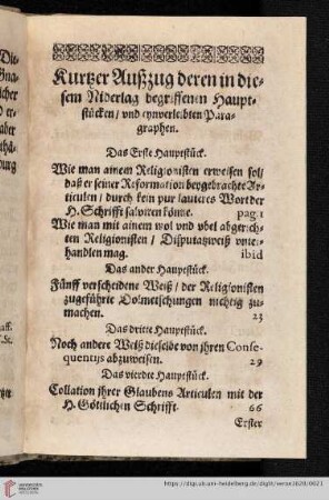 Kurzer Außzug deren in diesem Niderlag begriffenene Hauptstücken/ und eynverleibten Paragraphen