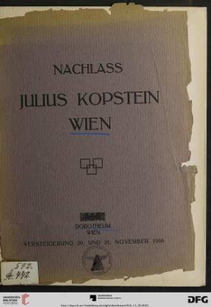 Nachlass Julius Kopstein, Wien : Gemälde und Antiquitäten ; Versteigerung: 20. November und 21. November 1916 (Katalog Nr. 267)