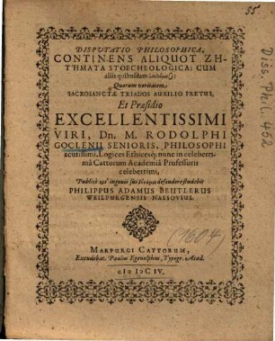 Disputatio Philosophica, Continens Aliquot Zētēmata Stoecheologica ...