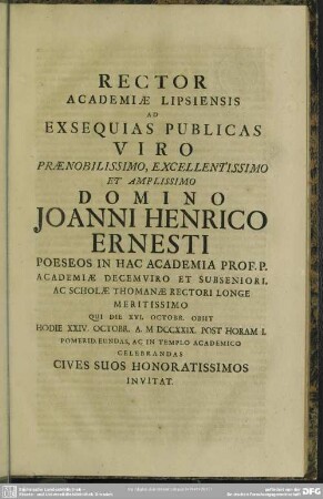 Rector Academiae Lipsiensis Ad Exsequias Publicas Viro ... Joanni Henrico Ernesti ... Invitat