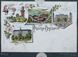 Ansicht von Plauen bei Dresden mit dem Hohen Stein, der Felsenkellerbrauerei, dem Wettinplatz mit Kriegerdenkmal und dem Königlichen Lehrerseminar