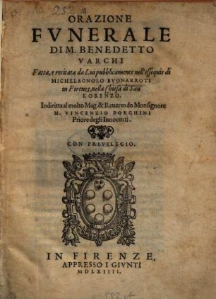 Orazione funerale ... di Michelagnolo Buonarroti
